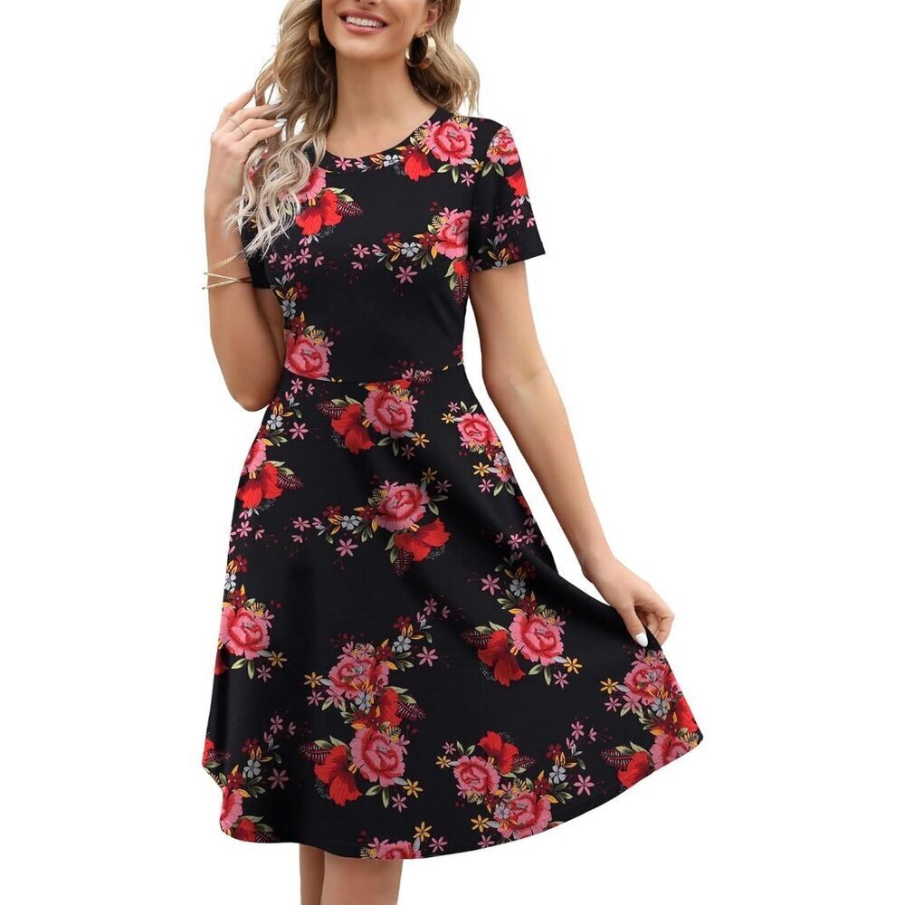 Women's Black Red Elegant Knee Length Vintage A-Line Swing Dress with Pockets